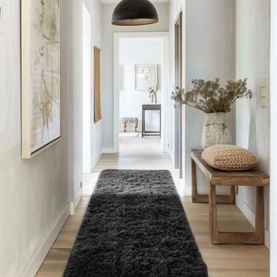 Picture of Ophanie Runner Rug for Hallway, 2x6 Bedroom Black Runner Rugs, Non Slip Fluffy Soft Shaggy Bedside Carpet for Kids Girls Boys Home Decor Aesthetic, Dorm Nursery