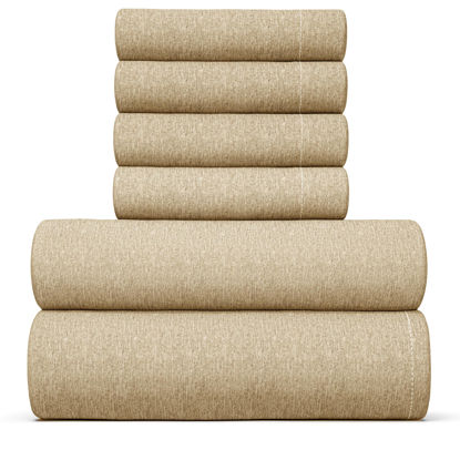 Picture of King 6 Piece Sheet Set - Breathable & Cooling Sheets - Hotel Luxury Bed Sheets - 1 Flat Sheet, 1 Fitted Sheet & 4 Pillowcases - Deep Pocket - Easy Fit, Soft & Wrinkle Free - King Heathered Tan Sheets