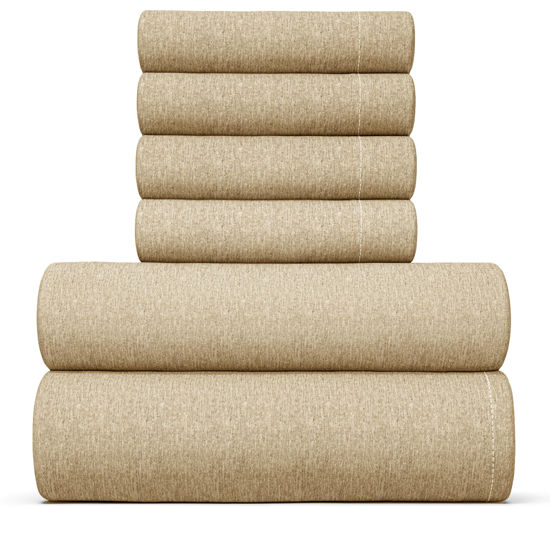 Picture of King 6 Piece Sheet Set - Breathable & Cooling Sheets - Hotel Luxury Bed Sheets - 1 Flat Sheet, 1 Fitted Sheet & 4 Pillowcases - Deep Pocket - Easy Fit, Soft & Wrinkle Free - King Heathered Tan Sheets