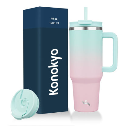 Picture of Konokyo 40 oz Tumbler with Handle and 2 Straws,2 in 1 Lid Insulated Water Bottle Stainless Steel Travel Coffee Mug,Gum