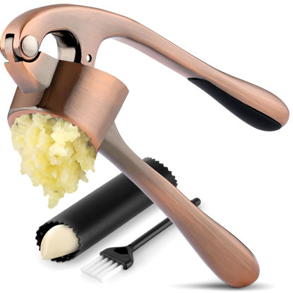 Picture of Zulay Kitchen Large Premium Garlic Press Set - Bigger Bowl for Bigger Garlic - Rust Proof & Dishwasher Safe Garlic Mincer Tool - Easy-Squeeze, Easy-Clean Silicone Garlic Peeler & Brush (Copper)