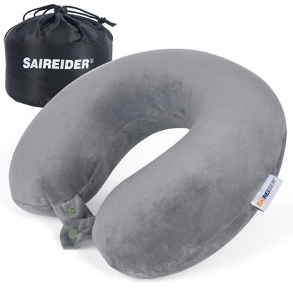 Picture of SAIREIDER Travel Pillows for Sleeping Airplane 100% Pure Memory Foam Neck Pillow for Airplanes Washable Cover with Storage Bag (Grey)
