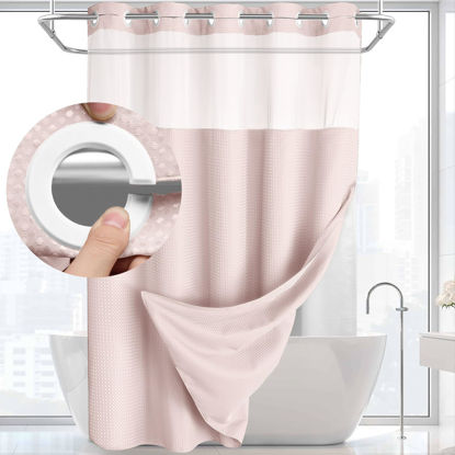 Picture of YellyHommy No Hook Shower Curtain with Snap in Liner Set Less Time Waffle Shower Curtain for Bathroom 75" L x 72" W Pink
