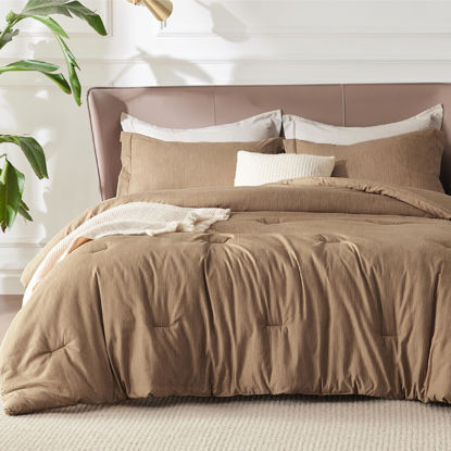 Picture of Bedsure Queen Comforter Set - Brown Comforter Queen Size, Soft Bedding for All Seasons, Cationic Dyed Bedding Set, 3 Pieces, 1 Comforter (90"x90") and 2 Pillow Shams (20"x26"+2")