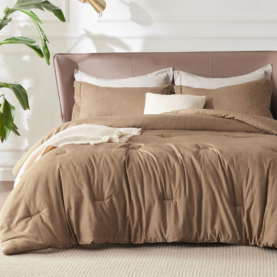 Picture of Bedsure Queen Comforter Set - Brown Comforter Queen Size, Soft Bedding for All Seasons, Cationic Dyed Bedding Set, 3 Pieces, 1 Comforter (90"x90") and 2 Pillow Shams (20"x26"+2")