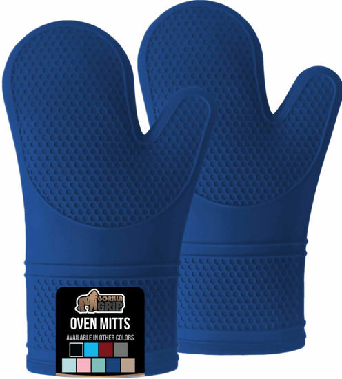 Picture of Gorilla Grip BPA-Free Soft Silicone Oven Mitts, Heat and Slip Resistant Thick Cotton Lined Cooking Mitt Set, Long Flexible Potholders Protect Hands, Kitchen Essential Waterproof Gloves, 12.5" Blue