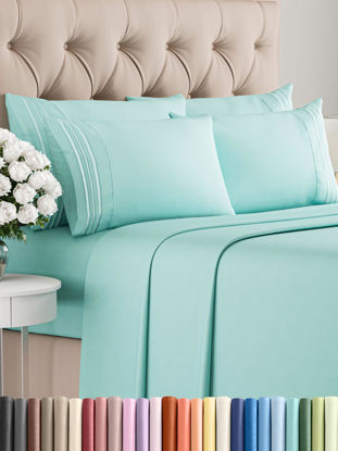 Picture of Cal King 6-Piece Spa Blue Sheet Set - Breathable & Cooling, Hotel Luxury, Deep Pocket, Easy Fit, Soft & Wrinkle Free - 1 Flat Sheet, 1 Fitted Sheet & 4 Pillowcases