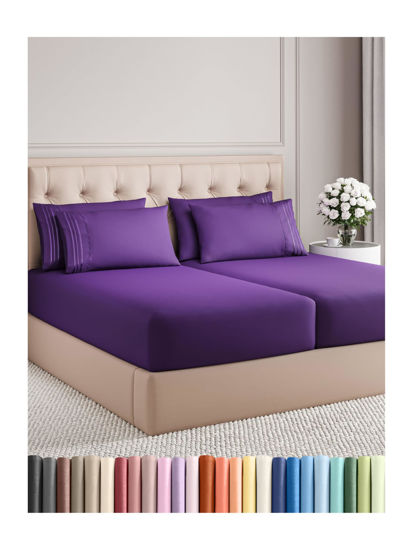 Picture of Split King 7 Piece Sheet Set - Breathable & Cooling Sheets - Hotel Luxury Bed Sheets - 1 Flat Sheet, 2 Fitted Sheets & 4 Pillowcases - Easy Fit, Soft & Wrinkle Free - Split King Purple Sheets