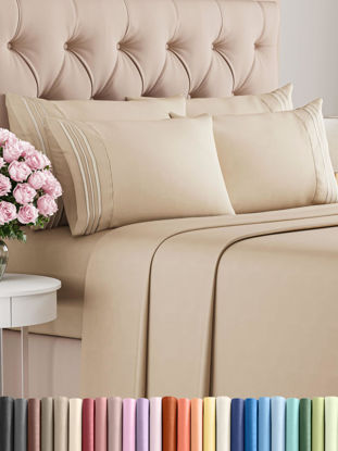Picture of Cal King 6 Piece Sheet Set - Breathable & Cooling Sheets - Hotel Luxury Bed Sheets - 1 Flat Sheet, 1 Fitted Sheet & 4 Pillowcases - Deep Pocket - Easy Fit, Soft & Wrinkle Free - Cal King Cream Sheets