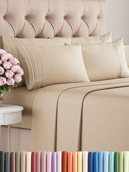 Picture of Cal King 6 Piece Sheet Set - Breathable & Cooling Sheets - Hotel Luxury Bed Sheets - 1 Flat Sheet, 1 Fitted Sheet & 4 Pillowcases - Deep Pocket - Easy Fit, Soft & Wrinkle Free - Cal King Cream Sheets