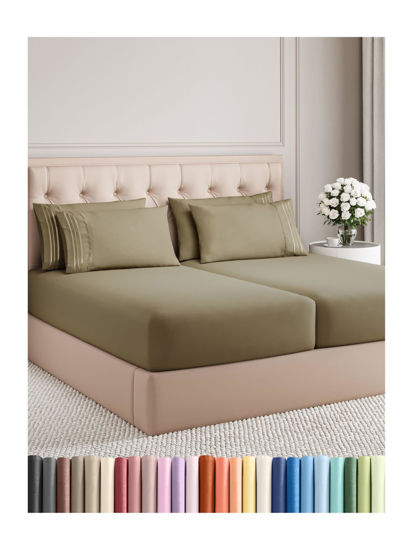 Picture of Split King 7 Piece Sheet Set - Breathable & Cooling Sheets - Hotel Luxury Bed Sheets - 1 Flat Sheet, 2 Fitted Sheets & 4 Pillowcases - Easy Fit, Soft & Wrinkle Free - Split King Khaki Sheets