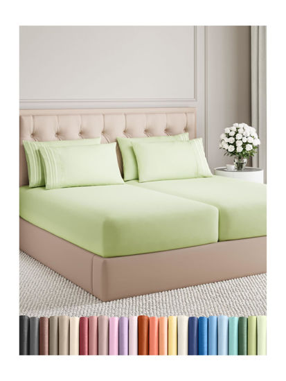 Picture of Split King 7 Piece Sheet Set - Breathable & Cooling Sheets - Hotel Luxury Bed Sheets - 1 Flat Sheet, 2 Fitted Sheets & 4 Pillowcases - Easy Fit, Soft & Wrinkle Free - Split King Light Sage Sheets