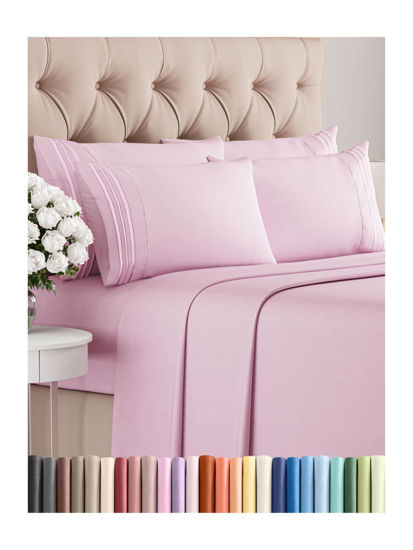 Picture of King 6 Piece Sheet Set - Breathable & Cooling Sheets - Hotel Luxury Bed Sheets - 1 Flat Sheet, 1 Fitted Sheet & 4 Pillowcases - Deep Pocket - Easy Fit, Soft & Wrinkle Free - King Light Pink Sheets