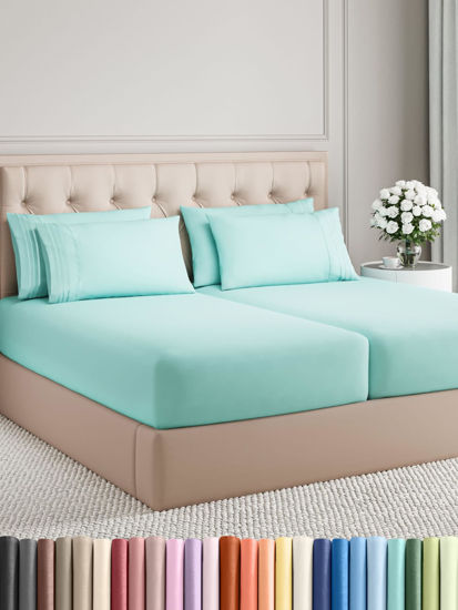 Picture of Split King 7 Piece Sheet Set - Breathable & Cooling Sheets - Hotel Luxury Bed Sheets - 1 Flat Sheet, 2 Fitted Sheets & 4 Pillowcases - Easy Fit, Soft & Wrinkle Free - Split King Spa Blue Sheets