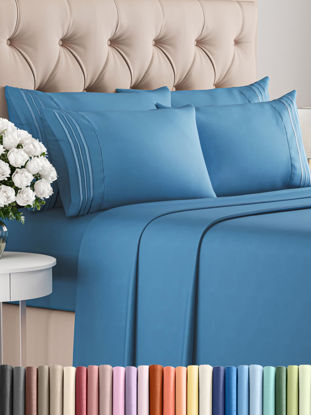 Picture of Cal King 6 Piece Sheet Set - Breathable & Cooling Sheets - Hotel Luxury Bed Sheets - 1 Flat Sheet, 1 Fitted Sheet & 4 Pillowcases - Easy Fit, Soft & Wrinkle Free - Cal King Denim Blue Sheets