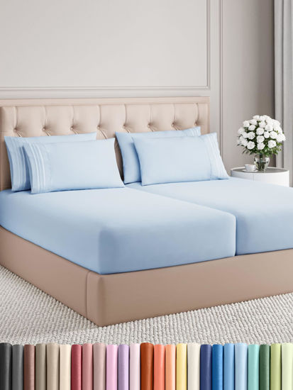 Picture of Split King 7 Piece Sheet Set - Breathable & Cooling Sheets - Hotel Luxury Bed Sheets - 1 Flat Sheet, 2 Fitted Sheets & 4 Pillowcases - Easy Fit, Soft & Wrinkle Free - Split King Sky Blue Sheets