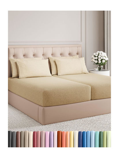 Picture of Split King 7 Piece Sheet Set - Breathable & Cooling Sheets - Hotel Luxury Bed Sheets - 1 Flat Sheet, 2 Fitted Sheets & 4 Pillowcases - Easy Fit, Soft & Wrinkle Free - Split King Heathered Tan Sheets