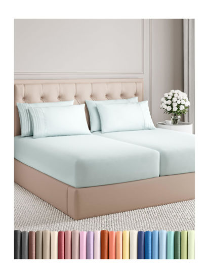 Picture of Split King 7 Piece Sheet Set - Breathable & Cooling Sheets - Hotel Luxury Bed Sheets - 1 Flat Sheet, 2 Fitted Sheets & 4 Pillowcases - Easy Fit, Soft & Wrinkle Free - Split King Ice Blue Sheets