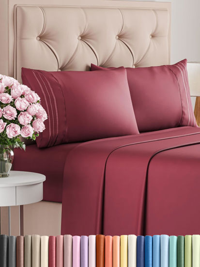 Picture of Twin XL 4 Piece Sheet Set - Breathable & Cooling Sheets - Hotel Luxury Bed Sheets - 1 Flat Sheet, 1 Fitted Sheet & 2 Pillowcases - Deep Pocket - Easy Fit, Soft & Wrinkle Free - Twin XL Burgundy Sheets