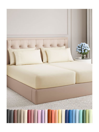Picture of Split King 7 Piece Sheet Set - Breathable & Cooling Sheets - Hotel Luxury Bed Sheets - 1 Flat Sheet, 2 Fitted Sheets & 4 Pillowcases - Easy Fit, Soft & Wrinkle Free - Split King Off White Sheets