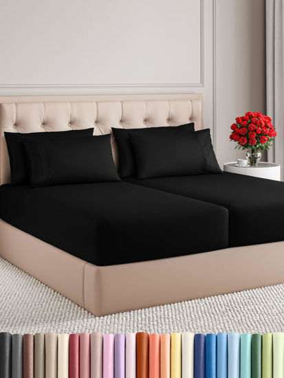 Picture of Split King 7 Piece Sheet Set - Breathable & Cooling Sheets - Hotel Luxury Bed Sheets - 1 Flat Sheet, 2 Fitted Sheets & 4 Pillowcases - Easy Fit, Soft & Wrinkle Free - Split King Black Sheets