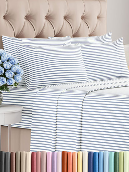 Picture of Cal King 6 Piece Sheet Set - Breathable & Cooling Sheets - Hotel Luxury Bed Sheets - 1 Flat Sheet, 1 Fitted Sheet & 4 Pillowcases - Easy Fit, Soft & Wrinkle Free - Cal King Blue Stripes Sheets