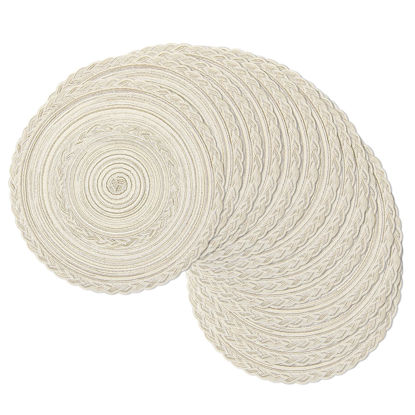 Picture of SHACOS 15 inch Round Braided Placemats Set of 12 for Dining Table Woven Boho Place Mats Kitchen Placemat Washable Table Mats, Ivory Bordered