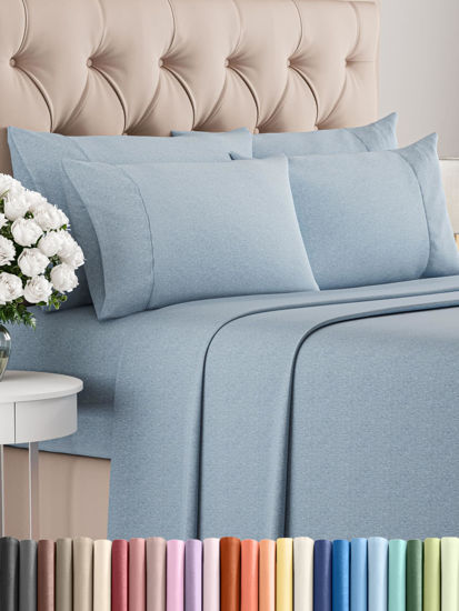 Picture of Cal King 6 Piece Sheet Set - Breathable & Cooling Sheets - Hotel Luxury Bed Sheets - 1 Flat Sheet, 1 Fitted Sheet & 4 Pillowcases - Easy Fit, Soft & Wrinkle Free - Cal King Heathered Blue Sheets