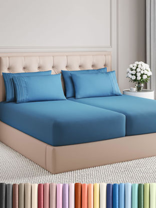 Picture of Split King 7 Piece Sheet Set - Breathable & Cooling Sheets - Hotel Luxury Bed Sheets - 1 Flat Sheet, 2 Fitted Sheets & 4 Pillowcases - Easy Fit, Soft & Wrinkle Free - Split King Denim Blue Sheets