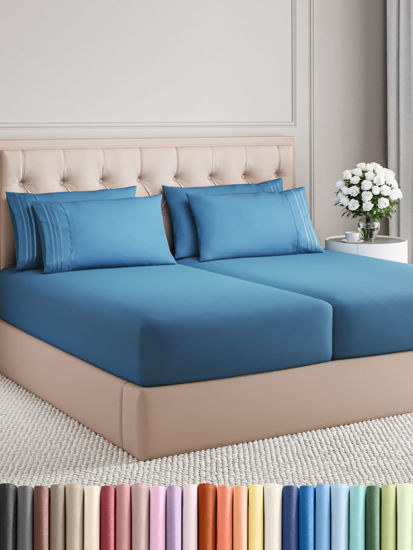 Picture of Split King 7 Piece Sheet Set - Breathable & Cooling Sheets - Hotel Luxury Bed Sheets - 1 Flat Sheet, 2 Fitted Sheets & 4 Pillowcases - Easy Fit, Soft & Wrinkle Free - Split King Denim Blue Sheets