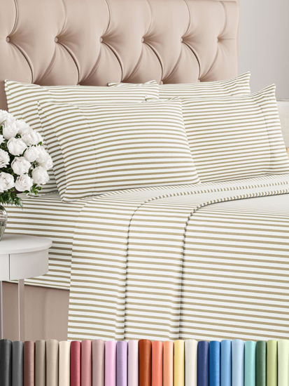 Picture of King 6 Piece Sheet Set - Breathable & Cooling Sheets - Hotel Luxury Bed Sheets - 1 Flat Sheet, 1 Fitted Sheet & 4 Pillowcases - Deep Pocket - Easy Fit, Soft & Wrinkle Free - King Beige Stripes Sheets