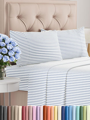 Picture of Twin XL 4 Piece Sheet Set - Breathable & Cooling Sheets - Hotel Luxury Bed Sheets - 1 Flat Sheet, 1 Fitted Sheet & 2 Pillowcases - Easy Fit, Soft & Wrinkle Free - Twin XL Blue Stripes Sheets