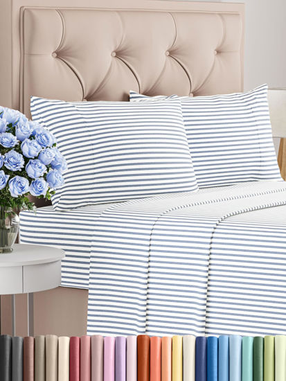 Picture of Twin XL 4 Piece Sheet Set - Breathable & Cooling Sheets - Hotel Luxury Bed Sheets - 1 Flat Sheet, 1 Fitted Sheet & 2 Pillowcases - Easy Fit, Soft & Wrinkle Free - Twin XL Blue Stripes Sheets