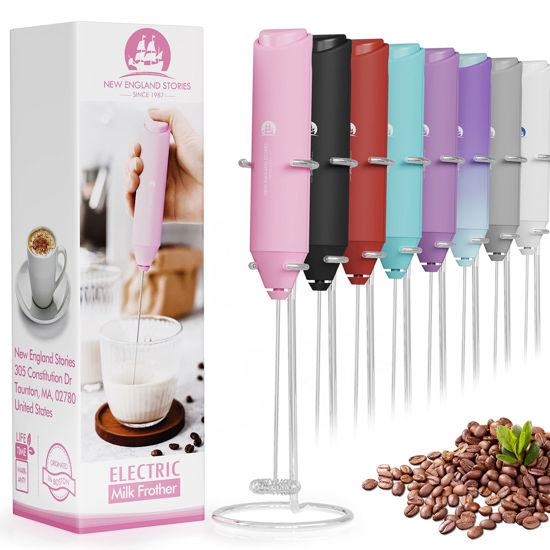 Picture of Powerful Milk Frother Handheld Foam Maker, Mini Whisk Drink Mixer for Coffee, Cappuccino, Latte, Matcha, Hot Chocolate, With Stand, Pink