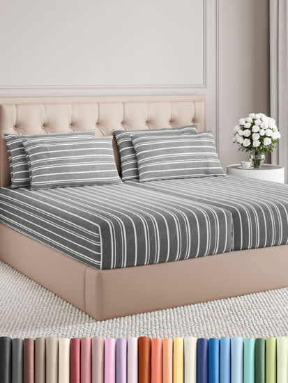 Picture of Split King 7 Piece Sheet Set - Breathable & Cooling Sheets - Hotel Luxury Bed Sheets - 1 Flat Sheet, 2 Fitted Sheets & 4 Pillowcases - Easy Fit, Soft & Wrinkle Free - Split King Grey Stripes Sheets