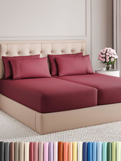 Picture of Split King 7 Piece Sheet Set - Breathable & Cooling Sheets - Hotel Luxury Bed Sheets - 1 Flat Sheet, 2 Fitted Sheets & 4 Pillowcases - Easy Fit, Soft & Wrinkle Free - Split King Burgundy Sheets