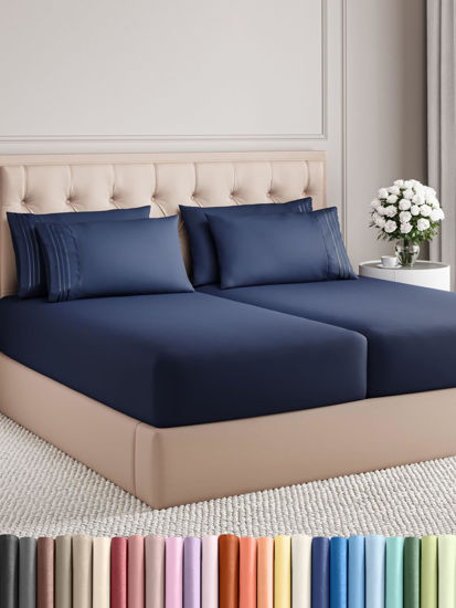 Picture of Split King 7 Piece Sheet Set - Breathable & Cooling Sheets - Hotel Luxury Bed Sheets - 1 Flat Sheet, 2 Fitted Sheets & 4 Pillowcases - Easy Fit, Soft & Wrinkle Free - Split King Navy Blue Sheets