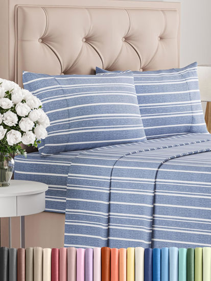 Picture of Twin 4 Piece Sheet Set - Breathable & Cooling Sheets - Hotel Luxury Bed Sheets - 1 Flat Sheet, 1 Fitted Sheet & 2 Pillowcases - Deep Pocket - Easy Fit, Soft & Wrinkle Free - Twin Blue Stripes Sheets