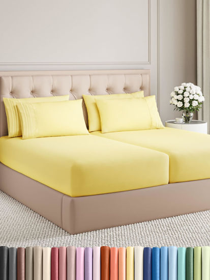 Picture of Split King 7 Piece Sheet Set - Breathable & Cooling Sheets - Hotel Luxury Bed Sheets - 1 Flat Sheet, 2 Fitted Sheets & 4 Pillowcases - Easy Fit, Soft & Wrinkle Free - Split King Yellow Sheets