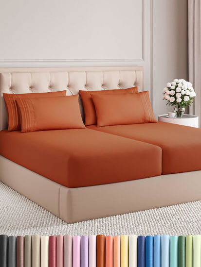 Picture of Split King 7 Piece Sheet Set - Breathable & Cooling Sheets - Hotel Luxury Bed Sheets - 1 Flat Sheet, 2 Fitted Sheets & 4 Pillowcases - Easy Fit, Soft & Wrinkle Free - Split King Terracotta Sheets