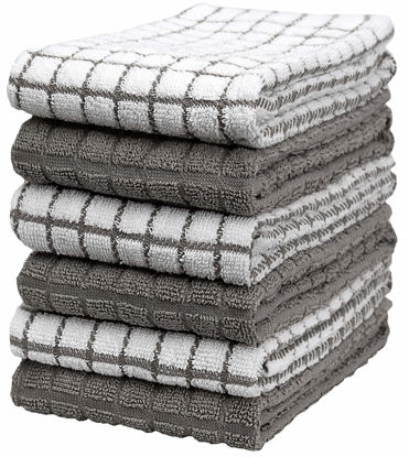 Picture of Kitchen Towels 16"x 28" | Dish Towels | Kitchen Hand Towels | Large Dishcloths Set | Highly Absorbent Tea Towel, Soft with Hanging Loop | Natural Ring Spun Cotton, 380 GSM | Gray Check Design - 6 Pack