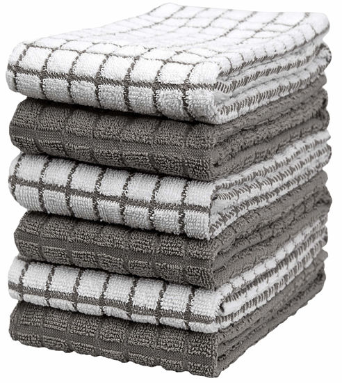 Picture of Kitchen Towels 16"x 28" | Dish Towels | Kitchen Hand Towels | Large Dishcloths Set | Highly Absorbent Tea Towel, Soft with Hanging Loop | Natural Ring Spun Cotton, 380 GSM | Gray Check Design - 6 Pack