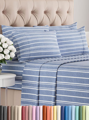 Picture of Queen 6 Piece Sheet Set - Breathable & Cooling Sheets - Hotel Luxury Bed Sheets - 1 Flat Sheet, 1 Fitted Sheet & 4 Pillowcases - Deep Pocket - Easy Fit, Soft & Wrinkle Free - Queen Blue Stripes Sheets