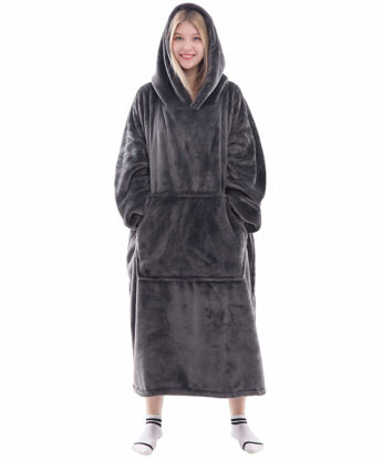 Picture of Waitu Wearable Blanket Sweatshirt Gifts for Women and Men, Warm and Cozy Giant Blanket Hoodie, Thick Flannel Blanket with Sleeves and Giant Pocket - Dark Gray