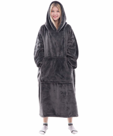 Picture of Waitu Wearable Blanket Sweatshirt Gifts for Women and Men, Warm and Cozy Giant Blanket Hoodie, Thick Flannel Blanket with Sleeves and Giant Pocket - Dark Gray
