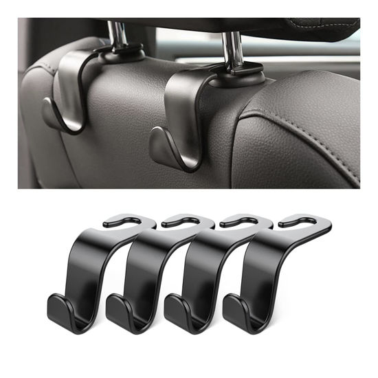 Picture of Car Back Seat Headrest Hooks, 4 Pack Black Stylish Back Seat Hanger for Car Handbag Clothes Coats Grocery Bags, Car Interior Accessories (Black2)