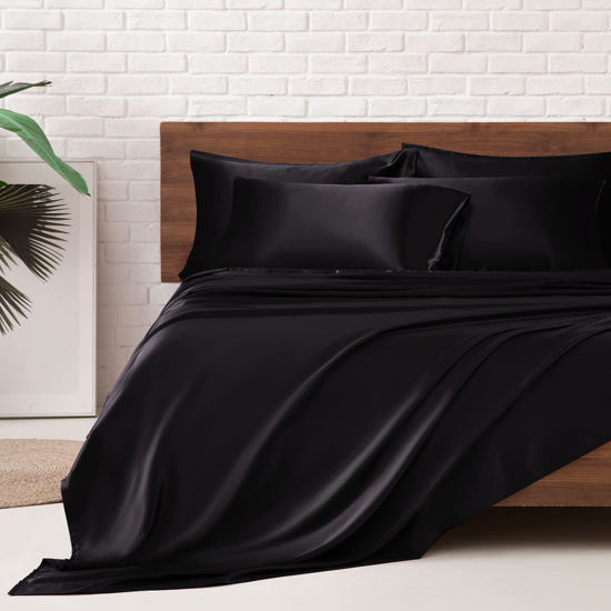 Picture of MR&HM Satin Bed Sheets, Full Size Sheets Set, 6 Pcs Silky Bedding Set with 15 Inches Deep Pocket for Mattress(Full, Black)