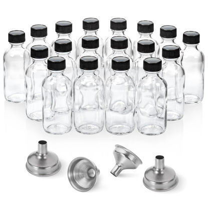 Picture of 18 Pack, 2 oz Small Clear Glass Bottles w/ Lid & 4 Stainless Steel Funnels - 60ml Boston Sample Bottles - Mini Travel Essential or Decorative Bottles for Potion, Juice, Wellness, Ginger Shots, Whiskey