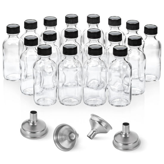 Picture of 18 Pack, 2 oz Small Clear Glass Bottles w/ Lid & 4 Stainless Steel Funnels - 60ml Boston Sample Bottles - Mini Travel Essential or Decorative Bottles for Potion, Juice, Wellness, Ginger Shots, Whiskey