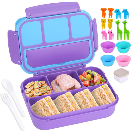Picture of shell and turtle Bento Box for Kids Girls Boys, Bento Box Adult Lunch Box with 4 Compartments, Lunch Containers with Utensils, Sauce Jar, Muffin Liners for School, 40 Oz/5 Cup, Purple